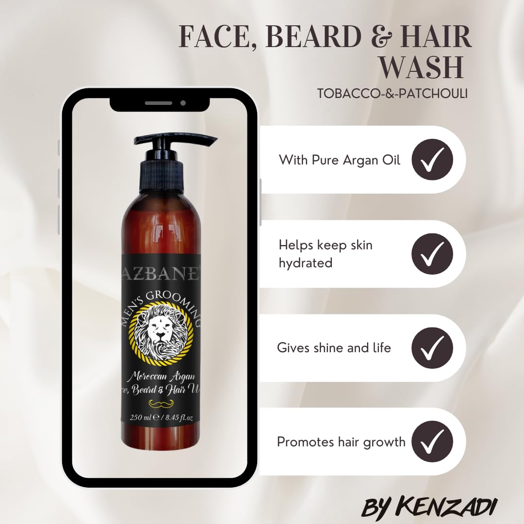KENZADI FACE, BEARD & HAIR WASH Tobacco-&-Patchouli fragranced, Moroccan Argan Oil