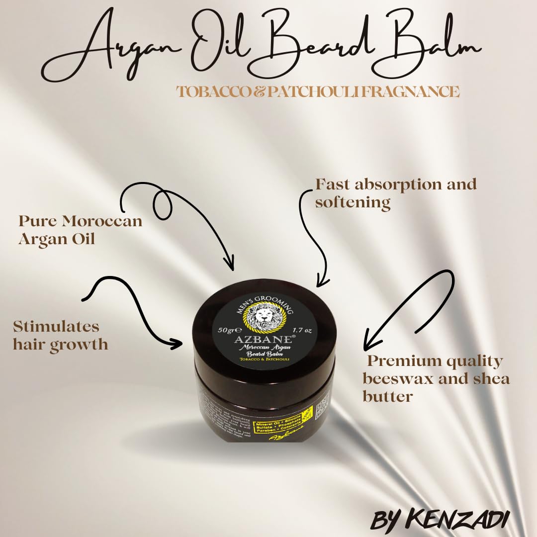 KENZADI Moroccan Argan Oil based BEARD BALM, Tobacco & Patchouli scented for a perfect match of hydration and handsomeness