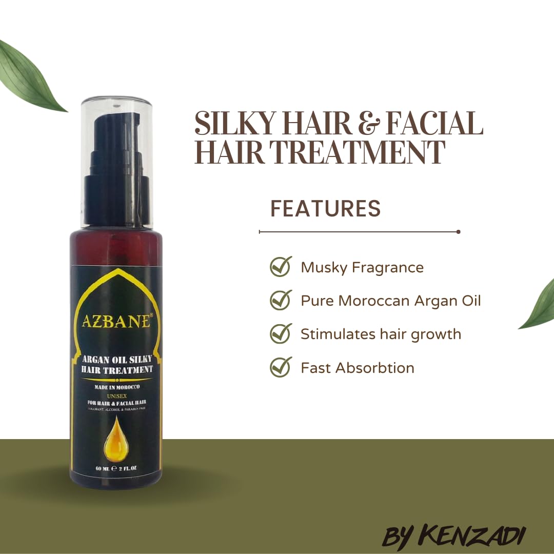 KENZADI SILKY HAIR & FACIAL HAIR TREATMENT, based on Pure Moroccan Argan Oil, the ultimate solution for Frizzy, Damaged and Dry Hair, 60 ML, 2 oz