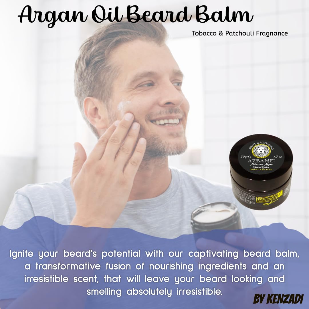 KENZADI Moroccan Argan Oil based BEARD BALM, Tobacco-&-Patchouli scented, for a perfect match of hydration and handsomeness, 50 gr, 1,7oz