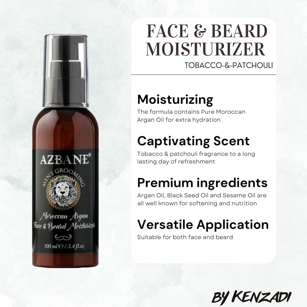 KENZADI Face & Beard Moisturizer made of pure Moroccan Argan Oil, adding the fascinating scent of Tobacco and Patchouli,100ml, 3,4oz